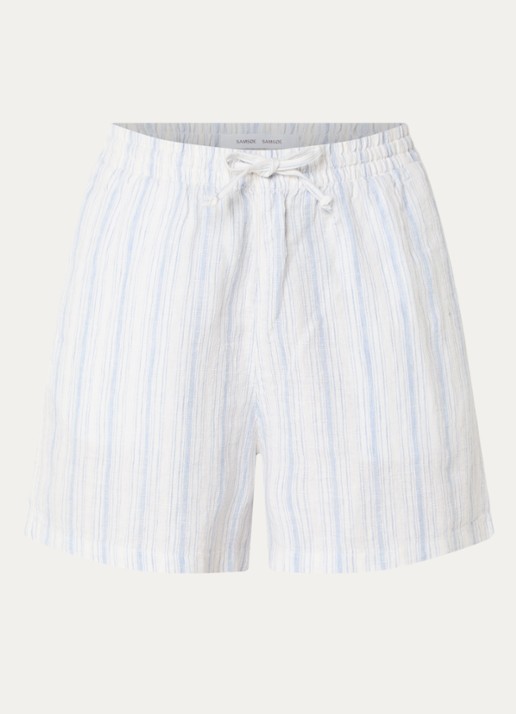 SAMSØE SAMSØE Samaren high waist straight fit korte broek van linnen met streepprint - voorkant blauw