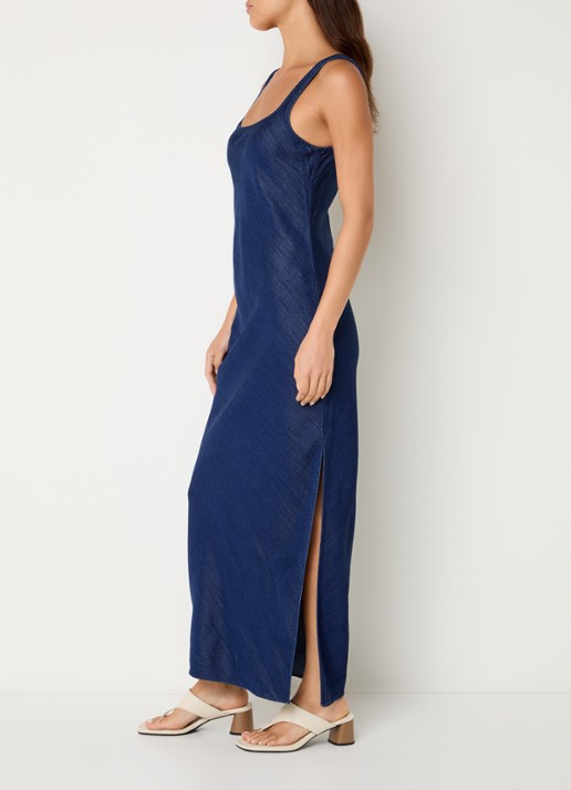 SAMSØE SAMSØE Sasunna maxi jurk van chambray met split - voorkant 3 indigo