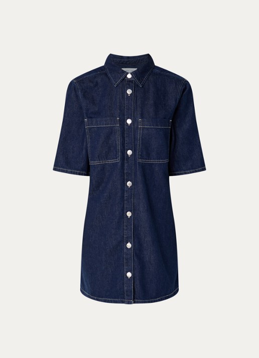 SAMSØE SAMSØE Satilly mini denim blousejurk met borstzakken - voorkant 3 indigo