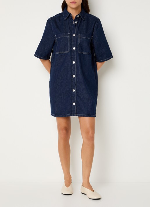 SAMSØE SAMSØE Satilly mini denim blousejurk met borstzakken - voorkant 4 indigo