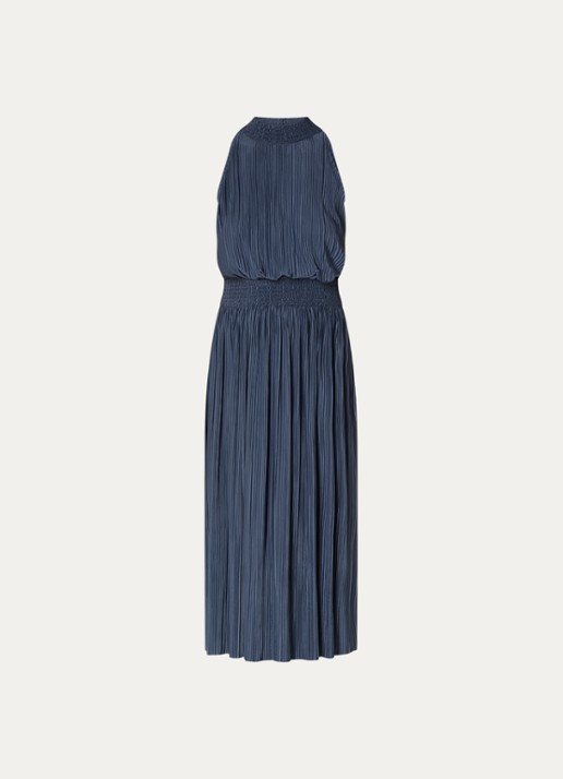 SAMSØE SAMSØE Uma midi halterjurk met plooidetail - voorkant 3 donkerblauw