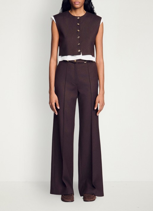 Sandro 2-in-1 crop top in wolblend - voorkant 2 lichtbruin
