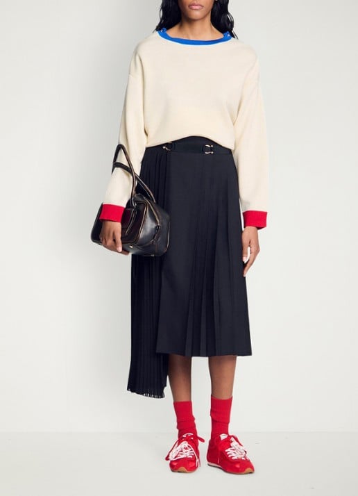 Sandro Asymmetrische midi rok met plooidetail - voorkant 6 zwart