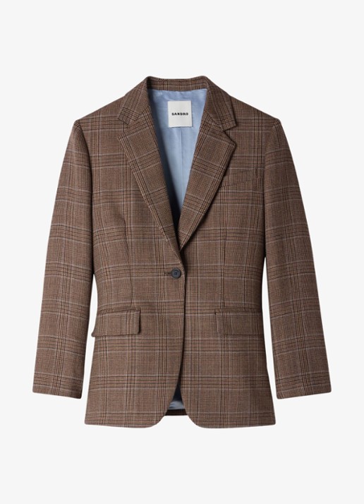 Sandro Blazer van wol met ruitdessin - voorkant beige