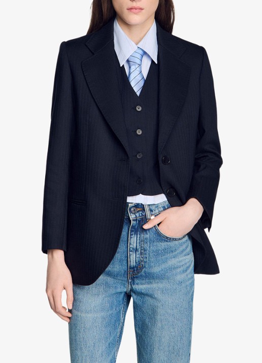 Sandro Blazer van wolblend met krijtstreep - detail blauw