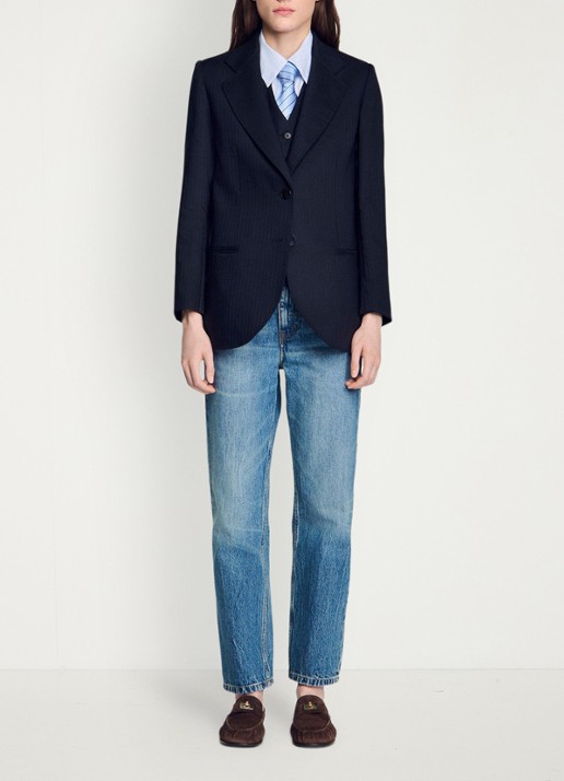 Sandro Blazer van wolblend met krijtstreep - detail 2 blauw