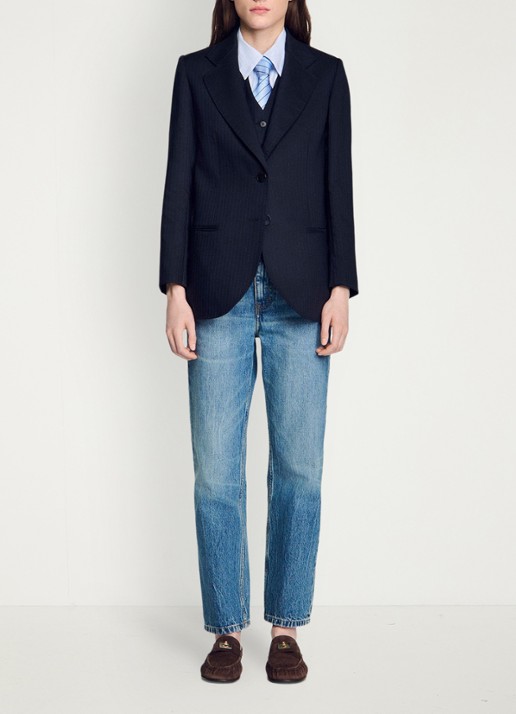 Sandro Blazer van wolblend met krijtstreep - detail 4 blauw