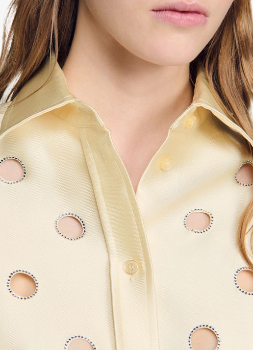 Sandro Blouse met opengewerkt dessin en strass - detail 6 vanillegeel
