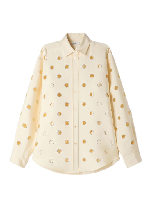 Sandro Blouse met opengewerkt dessin en strass - voorkant 2 vanillegeel
