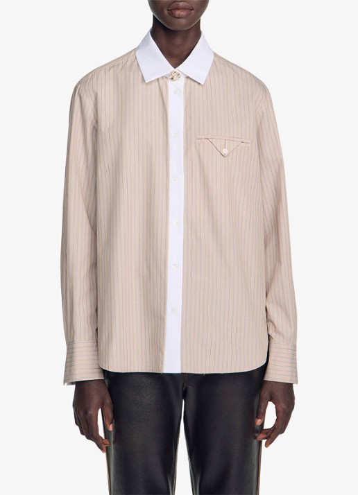 Sandro Blouse met streepprint en borstzak - detail 5 beige / beige