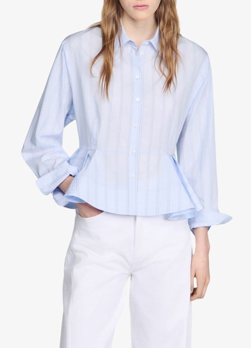 Sandro Blouse van katoen met peplum en strepen - detail sky blue / blauw