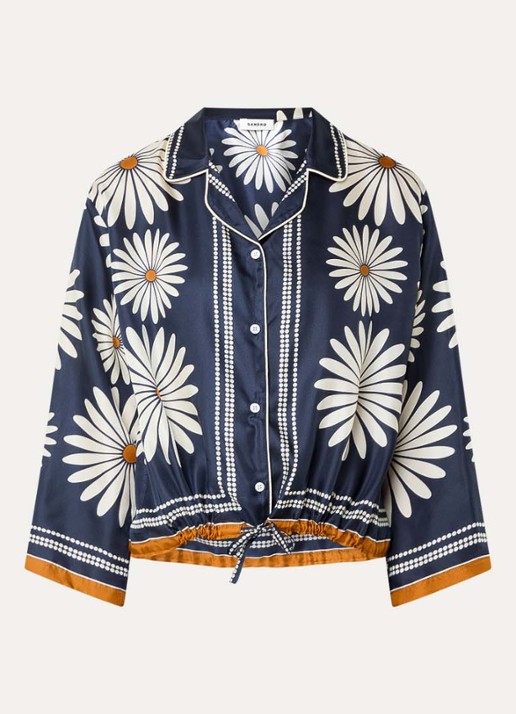 Sandro Blouse van zijde met bloemenprint - voorkant 3 donkerblauw