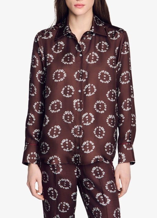 Sandro Blouse van zijde met bloemenprint - detail bruin