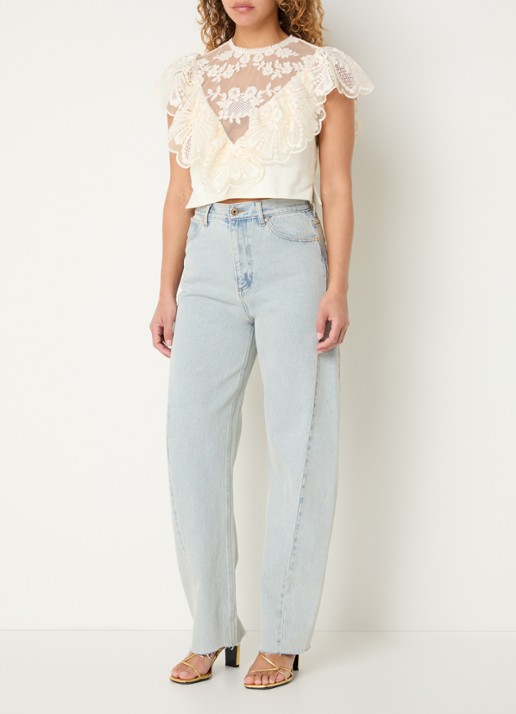 Sandro Crop top met broderie en opstaande kraag - voorkant 2 gebroken wit