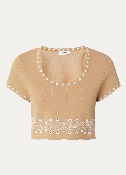 Sandro Crop top met broderie - voorkant beige