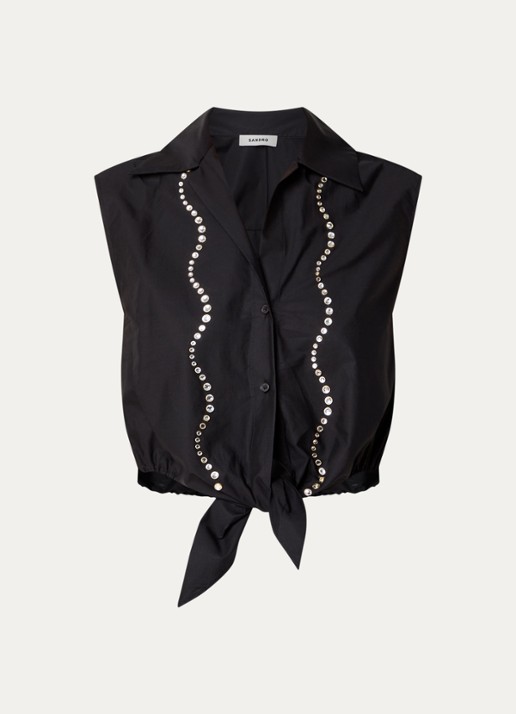 Sandro Crop top met strass en strikdetail - voorkant 2 zwart