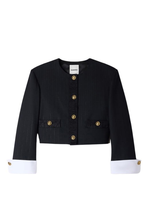 Sandro Cropped blazer in wolblend met lurex en krijtstreep - voorkant 2 zwart