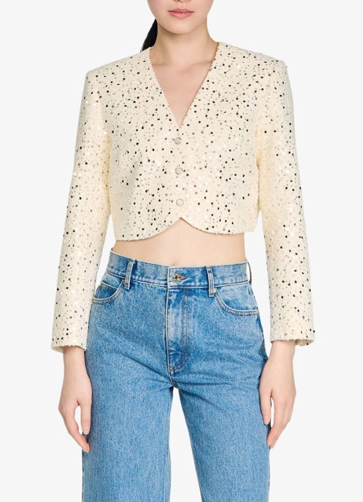 Sandro Cropped blazer met pailletten - detail beige