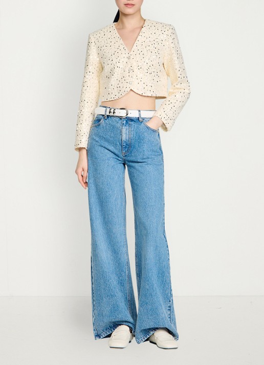 Sandro Cropped blazer met pailletten - voorkant 6 beige