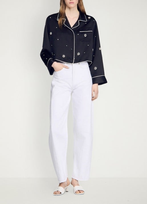 Sandro Cropped blouse met borstzak en stras - voorkant 6 zwart