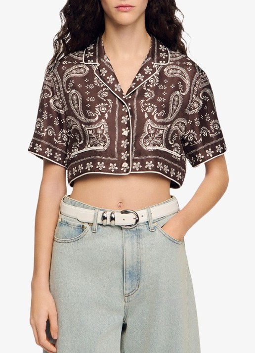 Sandro Cropped blouse met met jacquard dessin - detail taupe / wit