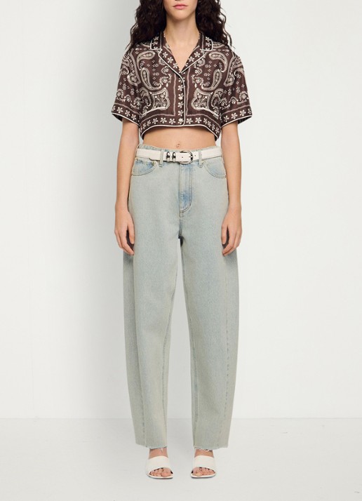 Sandro Cropped blouse met met jacquard dessin - detail 2 taupe / wit