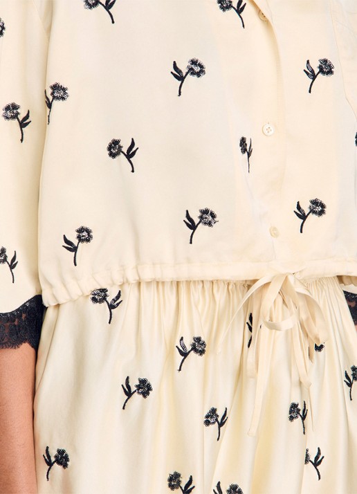 Sandro Cropped blouse met print en details van kant - detail 5 vanilla / beige