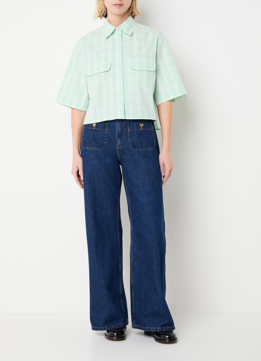 Sandro Cropped blouse met ruitdessin en klepzakken - voorkant 3 lichtgroen