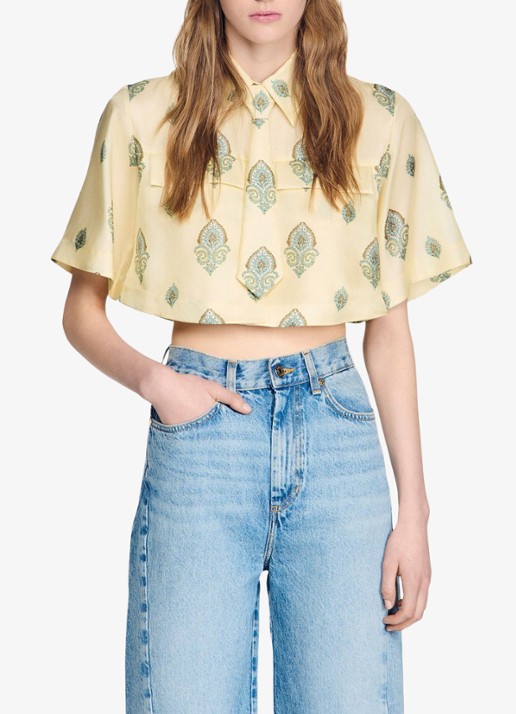 Sandro Cropped blouse met stropdas en paisley dessin