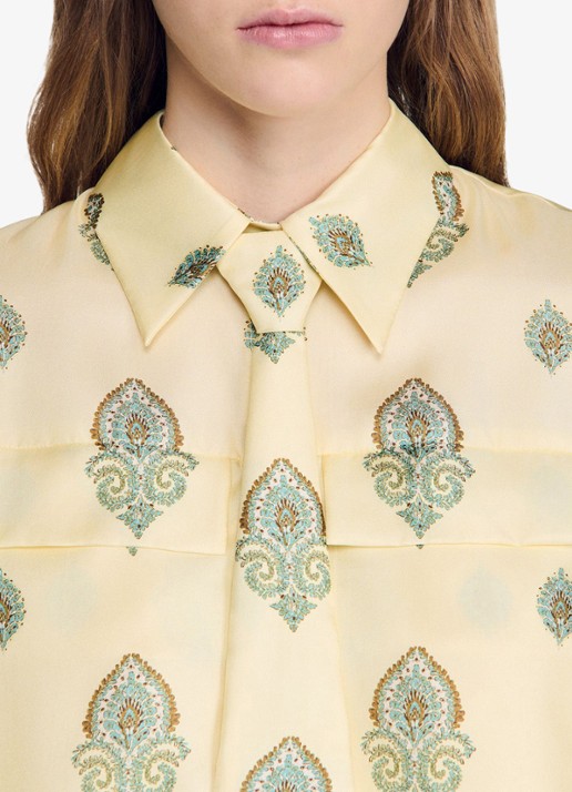 Sandro Cropped blouse met stropdas en paisley dessin - detail 6 lichtgeel