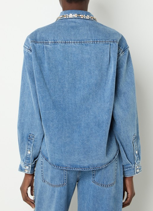Sandro Cropped blouse van denim met strass - achterkant blauw