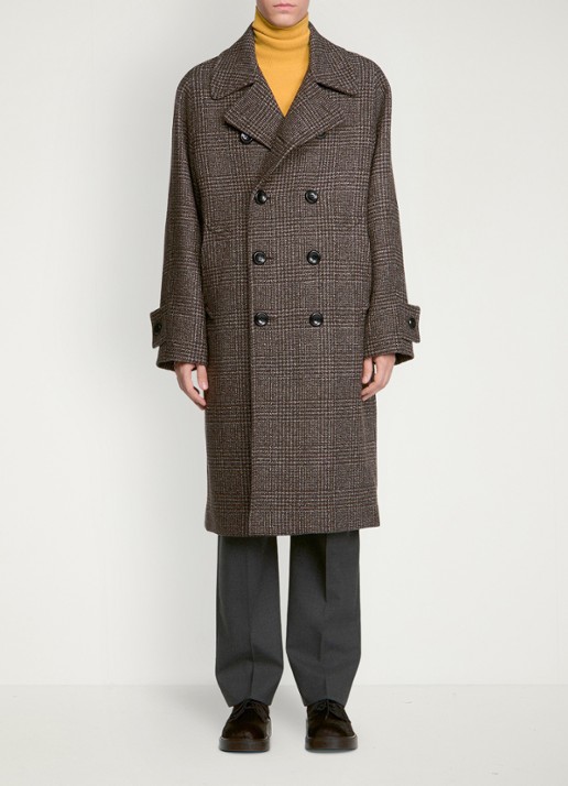 Sandro Double-breasted trenchcoat in wolblend met ruitdessin - voorkant 5 brown / bruin