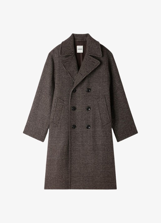 Sandro Double-breasted trenchcoat in wolblend met ruitdessin - voorkant 2 brown / bruin