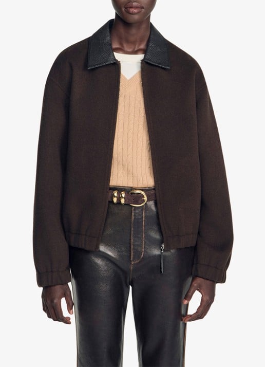 Sandro Double-faced leather collar jacket - detail 6 black brown / bruin
