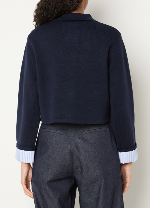 Sandro Fijngebreid cropped vest in wolblend met klepzakken - achterkant donkerblauw