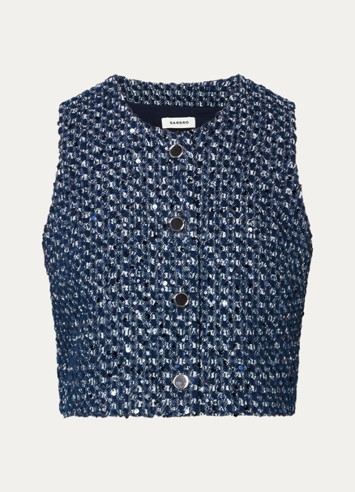 Sandro Fijngebreid gilet met pailletten - voorkant 3 royalblauw