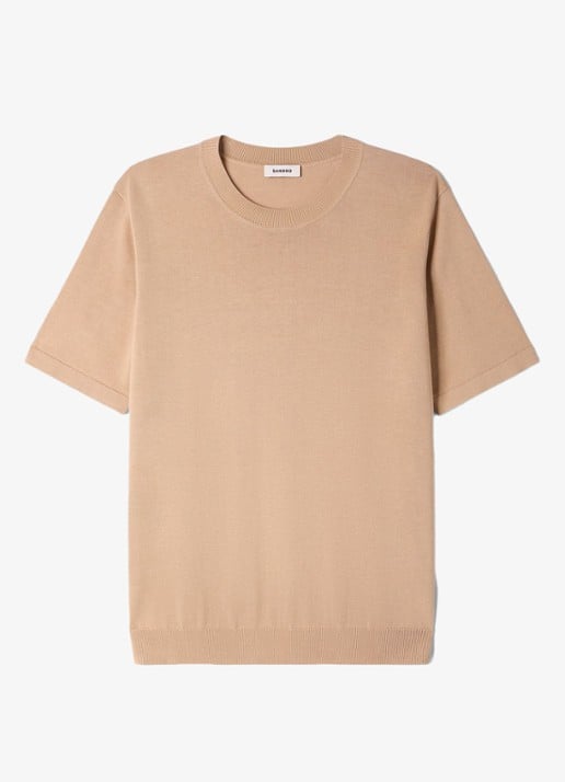 Sandro Fijngebreid T-shirt in zijdeblend - voorkant beige