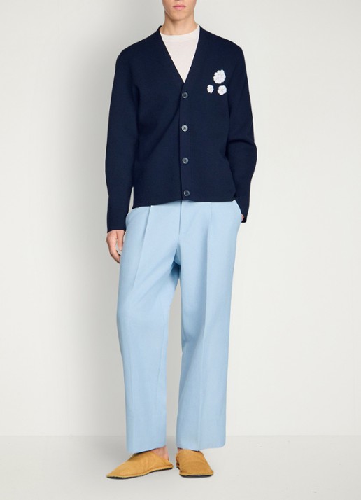 Sandro Fijngebreid vest met bloemdetail - voorkant donkerblauw