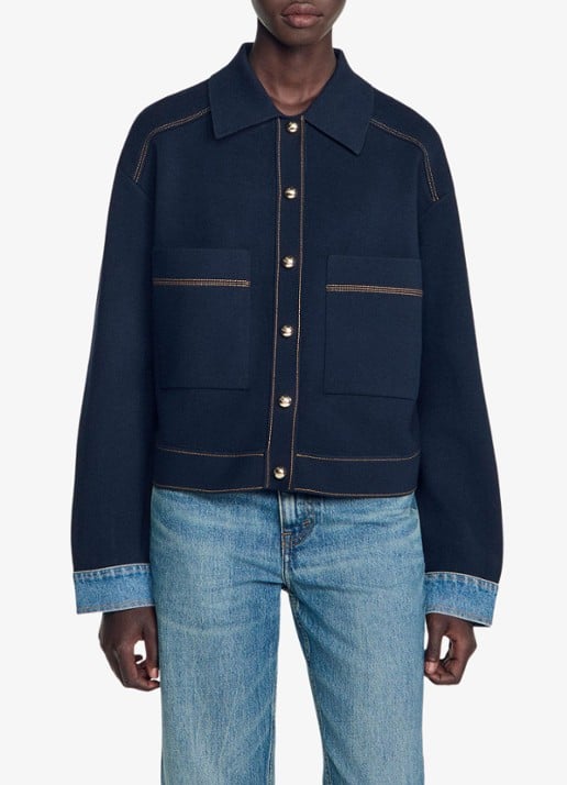 Sandro Fijngebreid vest met details van denim