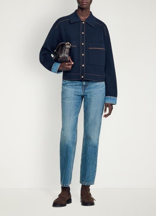 Sandro Fijngebreid vest met details van denim - detail 5 donkerblauw