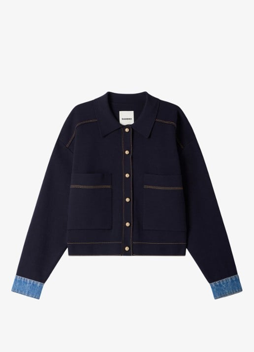 Sandro Fijngebreid vest met details van denim - voorkant donkerblauw
