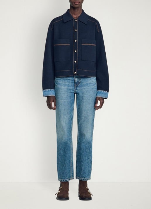 Sandro Fijngebreid vest met details van denim - voorkant 2 donkerblauw