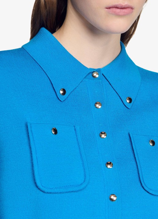 Sandro Fijngebreid vest met sierknopen - detail 5 blue / blauw