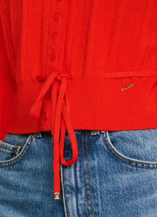 Sandro Fijngebreid vest met strikceintuur - detail 4 steenrood