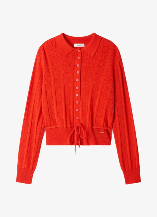 Sandro Fijngebreid vest met strikceintuur - voorkant 6 steenrood