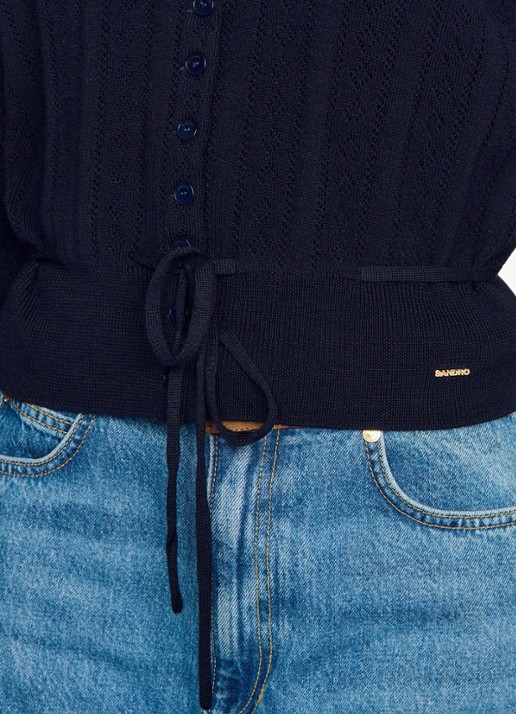 Sandro Fijngebreid vest met strikceintuur - detail 5 blauw