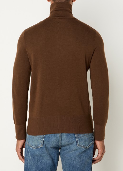 Sandro Fijngebreid vest van wol met opstaande kraag - achterkant dark caramel / bruin