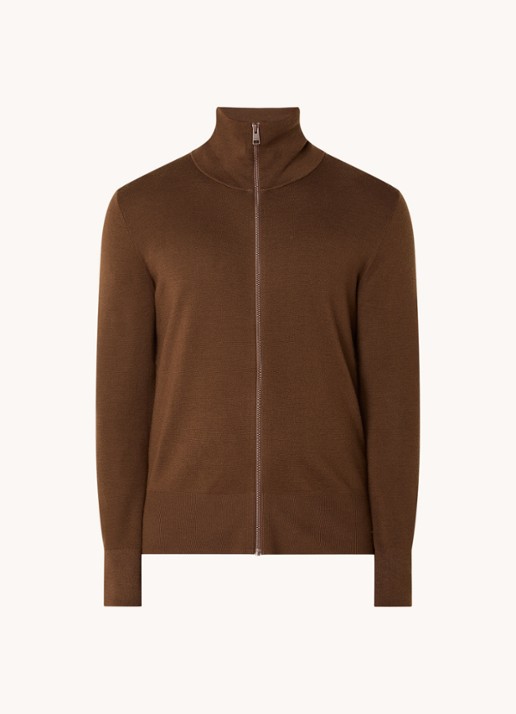 Sandro Fijngebreid vest van wol met opstaande kraag - voorkant 2 dark caramel / bruin