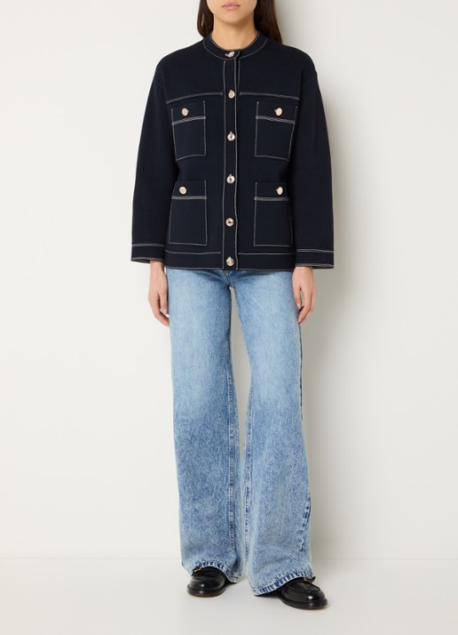 Sandro Fijngebreide blouse met borstzakken - voorkant 3 donkerblauw