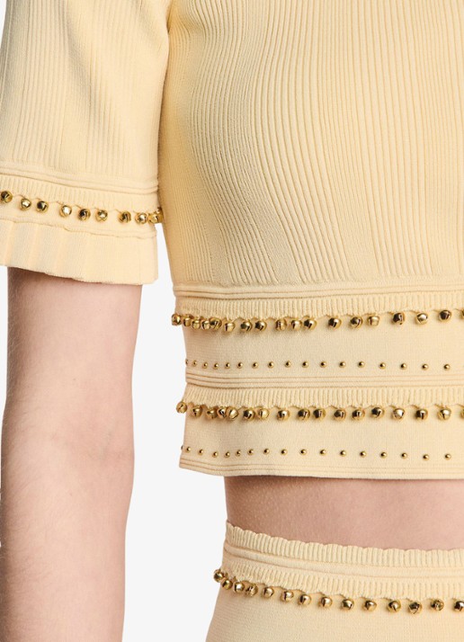 Sandro Fijngebreide crop top met kralendecoratie - detail 3 vanillegeel